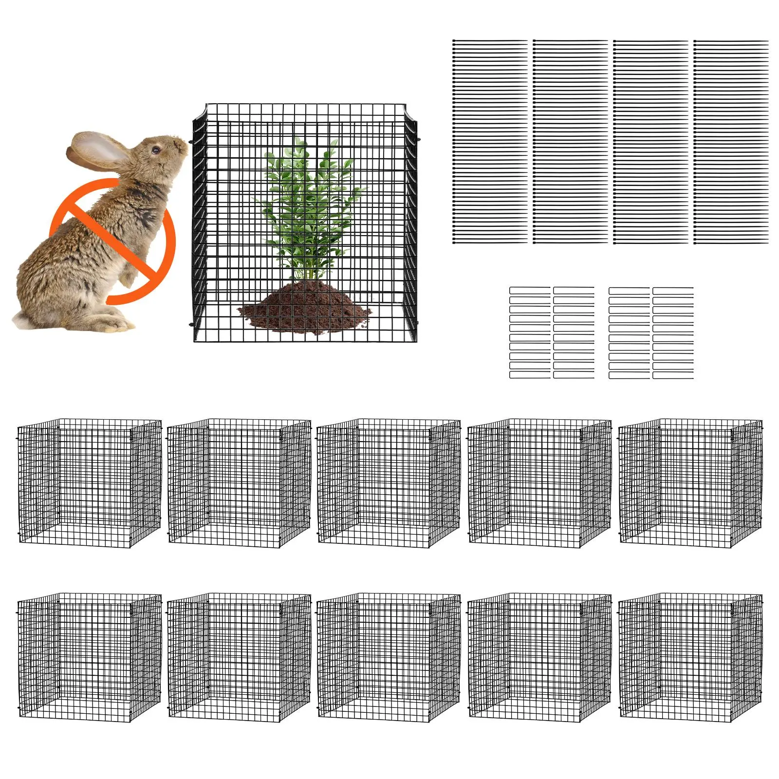 VEVOR 10-Piece 12in Metal Open Frame Animal Proof Garden Collapsible Cages, Easy Adjustable Height Plant Protectors with 40 U-Shaped Ground Spikes & 200 Black Zip Ties, Bunny/Chicken Guard for Vertical Growth, Garden Supplies Gift