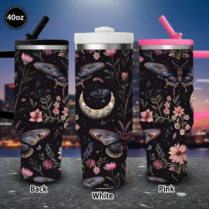 1pc 40oz Mystical Moonlit Motif, Whimsical Butterflies and Floral Pattern Tumbler with Lid and straw, Winter Insulated Travel Mug, Gift for Women Men, Ideal for Valentine's Day, Birthday Gift, Coffee Cup for Office