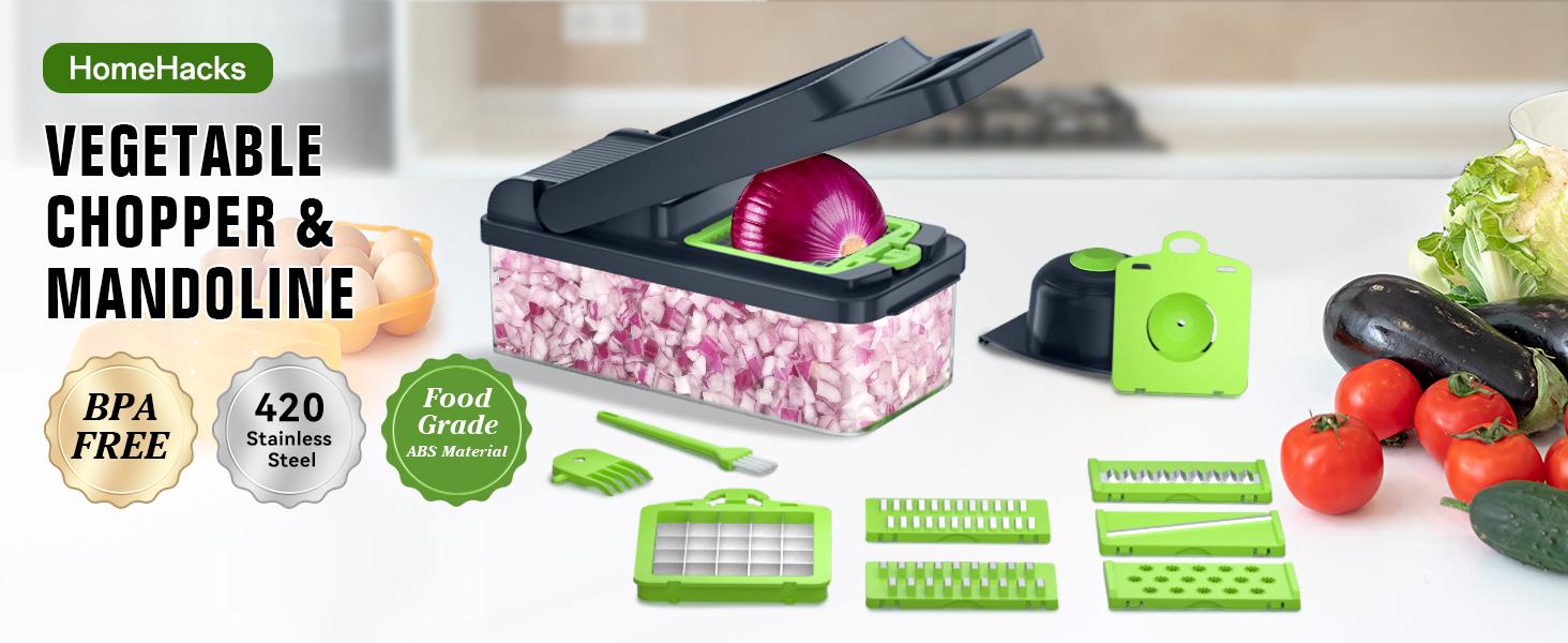 HOMEHACKS Vegetable Chopper,14-in-1 Multifunctional Food Chopper,Professional Onion Chopper with 7 Blades,Vegetable Cutter with Container for Salad,Potato,Carrot,and Garlic; Essential Kitchen Tool