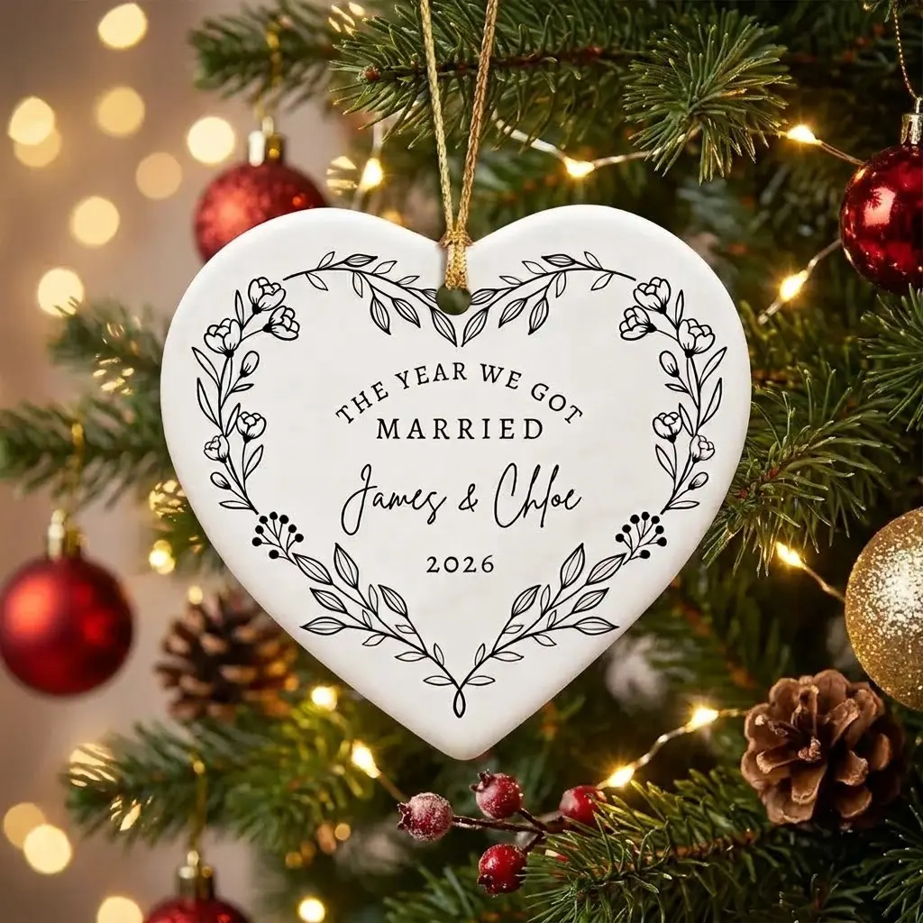 Personalized First Christmas Married Ornament 2026 Custom Name Ceramic Heart Bauble Wedding Keepsake Gift for Newlyweds Bride and Groom Holiday Tree Hanging Decoration Intertwined Vine Floral Design