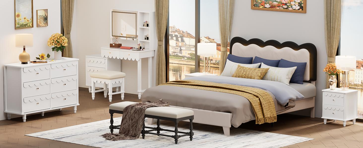 Makeup Vanity Desk With 3 Color Touch Screen Lighted Sliding Mirror, Scalloped Large Vanity Table Set with Storage & Drawers Fluted Petal Pattern Dressing Table with Cushioned Stool for Bedroom