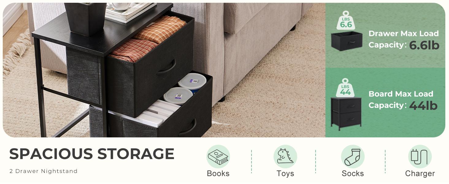 Nightstand with 2 Fabric Dresser, Side Table, End Table, Bedside Table, Night Stands, Small Nightstand,Bedroom Furniture