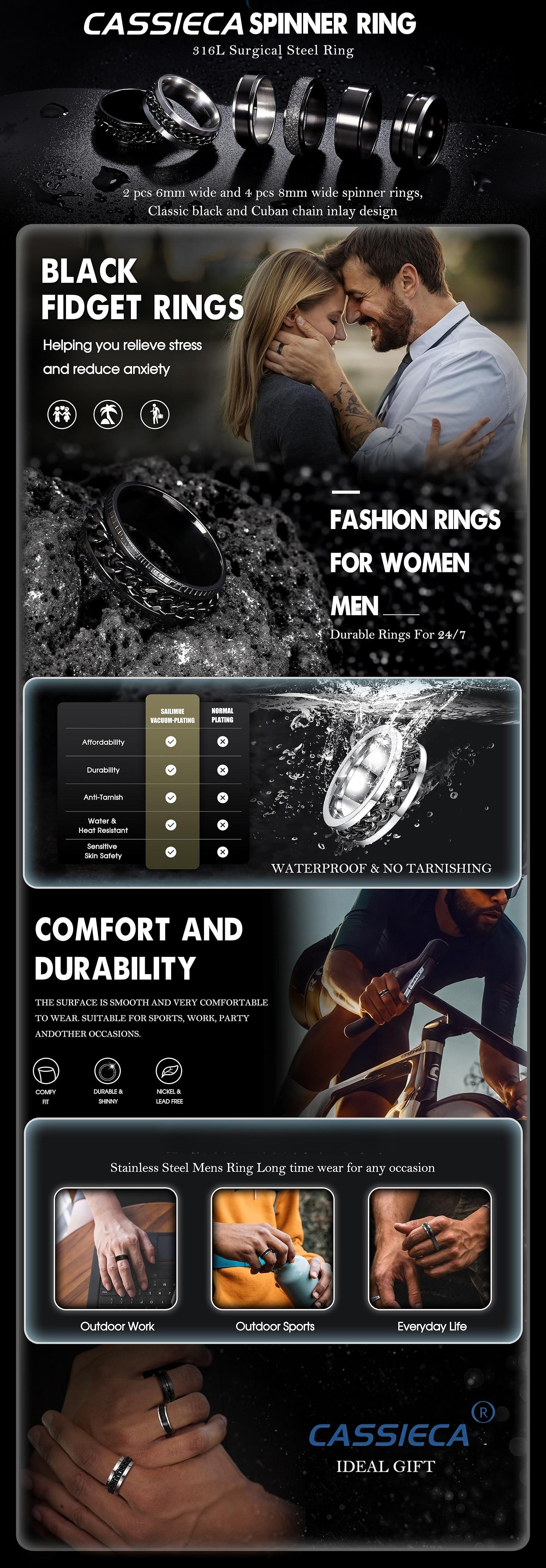 Cassieca 6PCS Stainless Steel Spinner Rings 6/8MM Black Cool Chain Design for Men Women Anxiety Stress Relief Fashion Wedding Promise Band Size 7-13 Trendy Jewellery Accessories