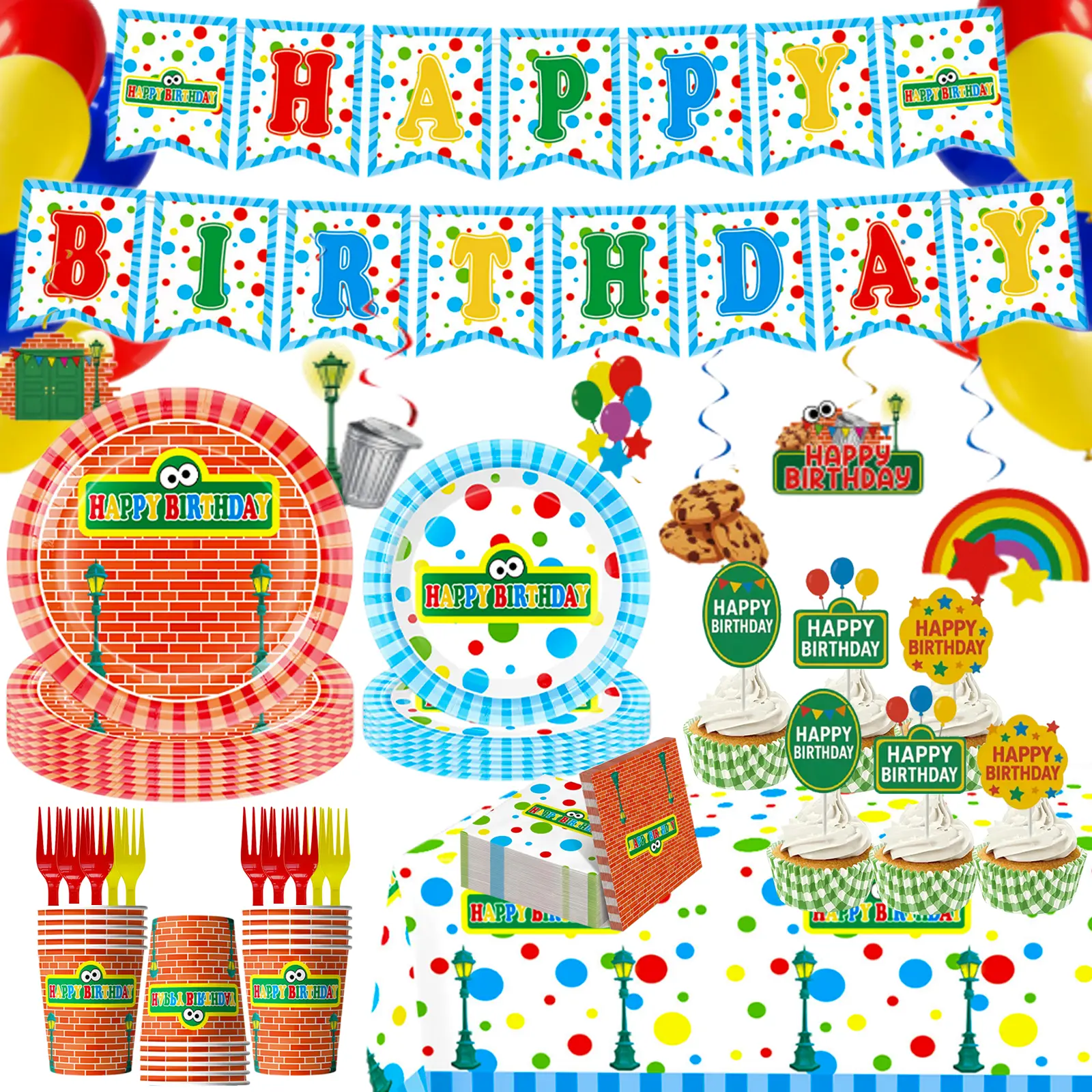 152 PCS Eco-Friendly Disposable Tableware & Decorations Set for Toddlers - Bright & Fun Street-Inspired Theme, Degradable Plates, Banner, Tablecloth, Napkins, Cups, Forks, Balloons, Cake Toppers, Serves 20