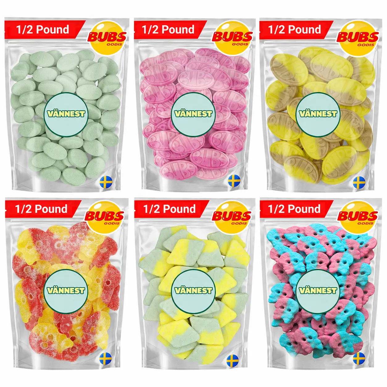 Bubs Swedish Candy 1/2 Bags - Sweet Strawberry Pomegranate Foam Ovals & Sour Dizzy Skulls - Banana Toffee Foam Ovals - Tutti Frutti Rombs - Sour Pear - Soft Sour Candy - 1/2 Pound Bag
