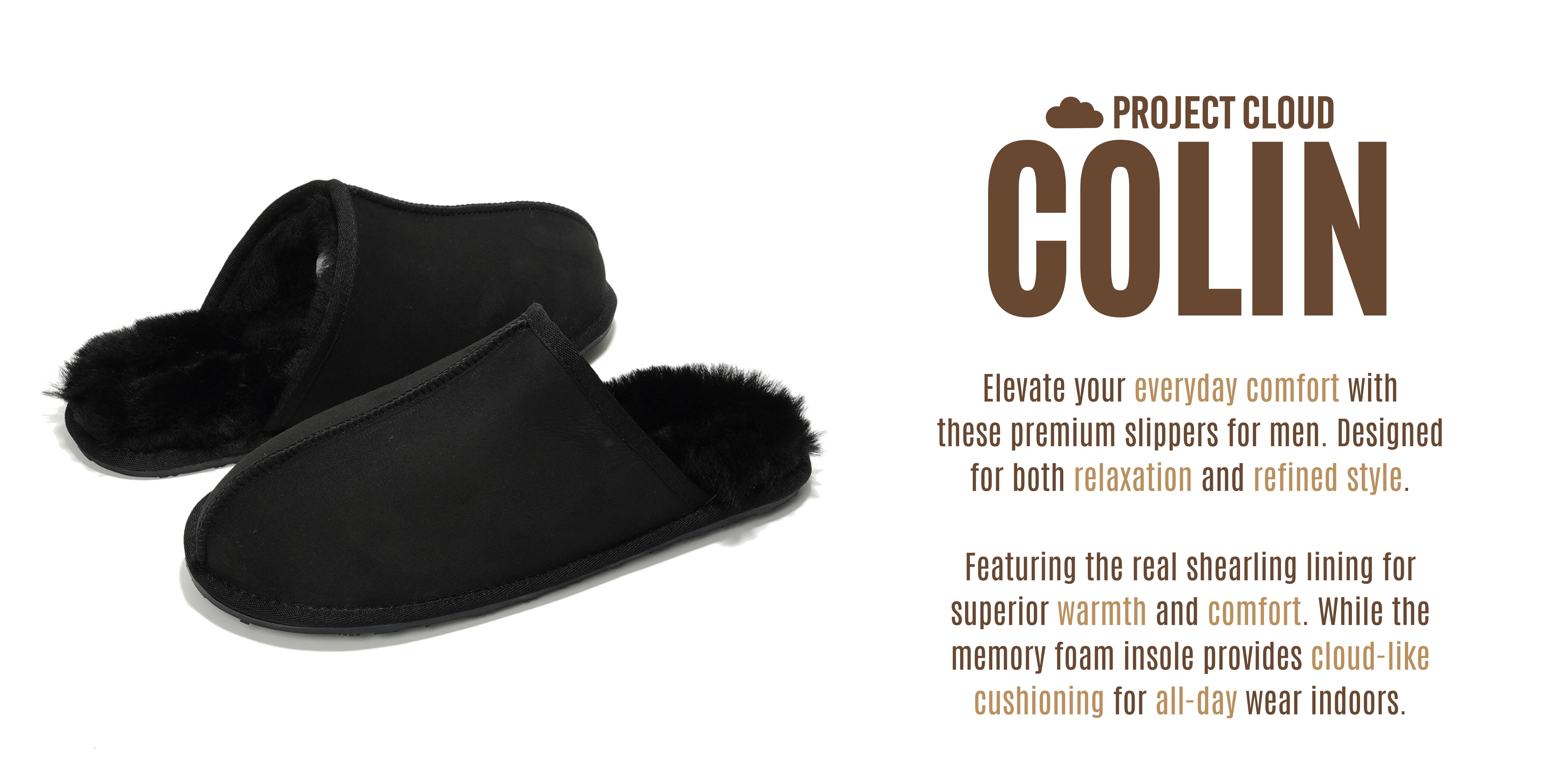 Project Cloud Men's | Genuine Sheepskin Upper House Slippers | Memory Foam | Lightweight | Non-Slip - Colin