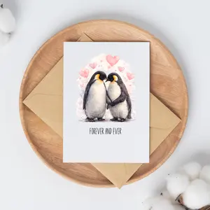Forever and Ever Penguin Greeting Card, Cute Penguin Love Card, Romantic Anniversary Card, Watercolor Penguin Couple Card, Valentine Card