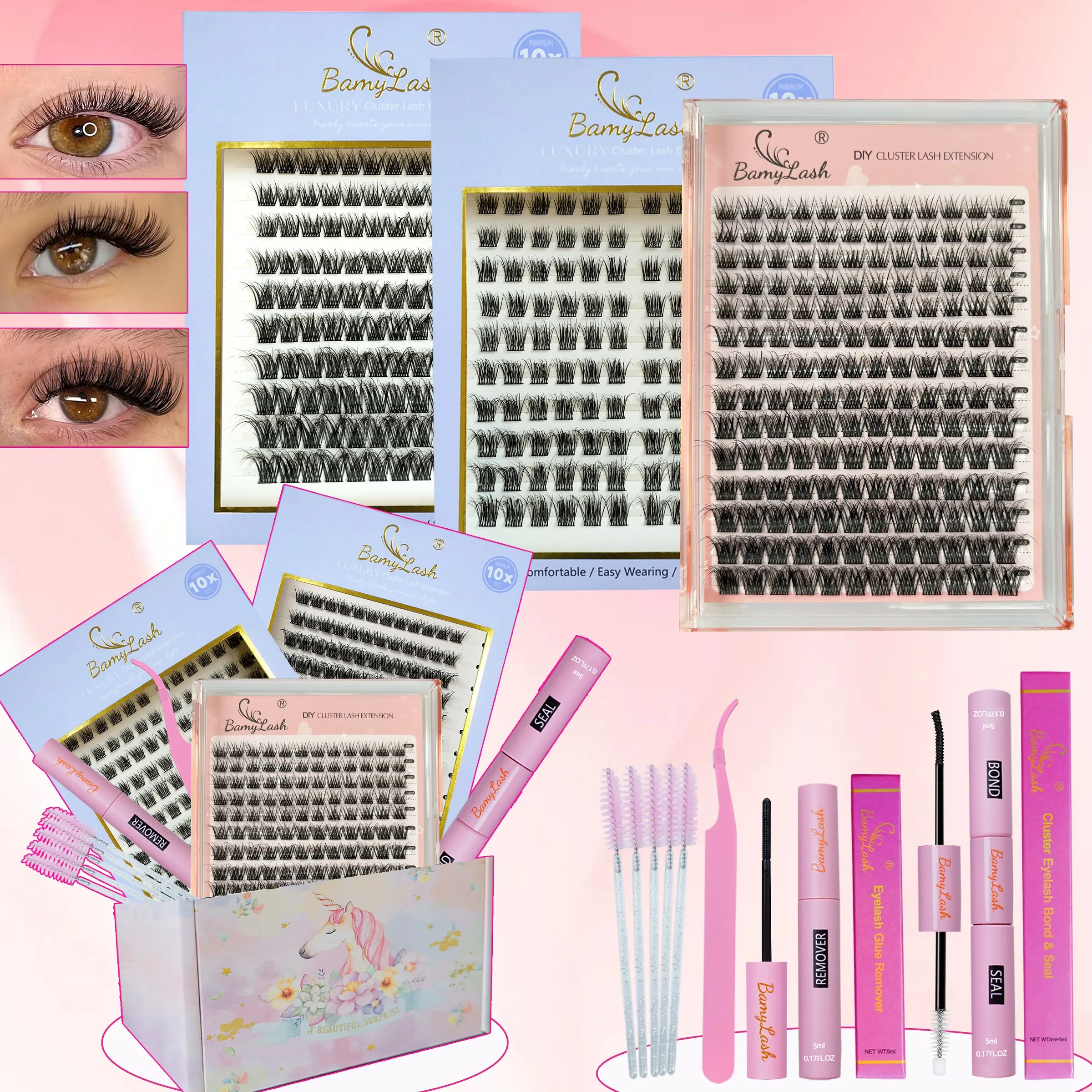 Natural Wispy Lightweight Fluffy Cluster Eyelash Set, DIY False Eyelashes Kit with bond seal remover and applicator, natural wispy for everyday use lashes