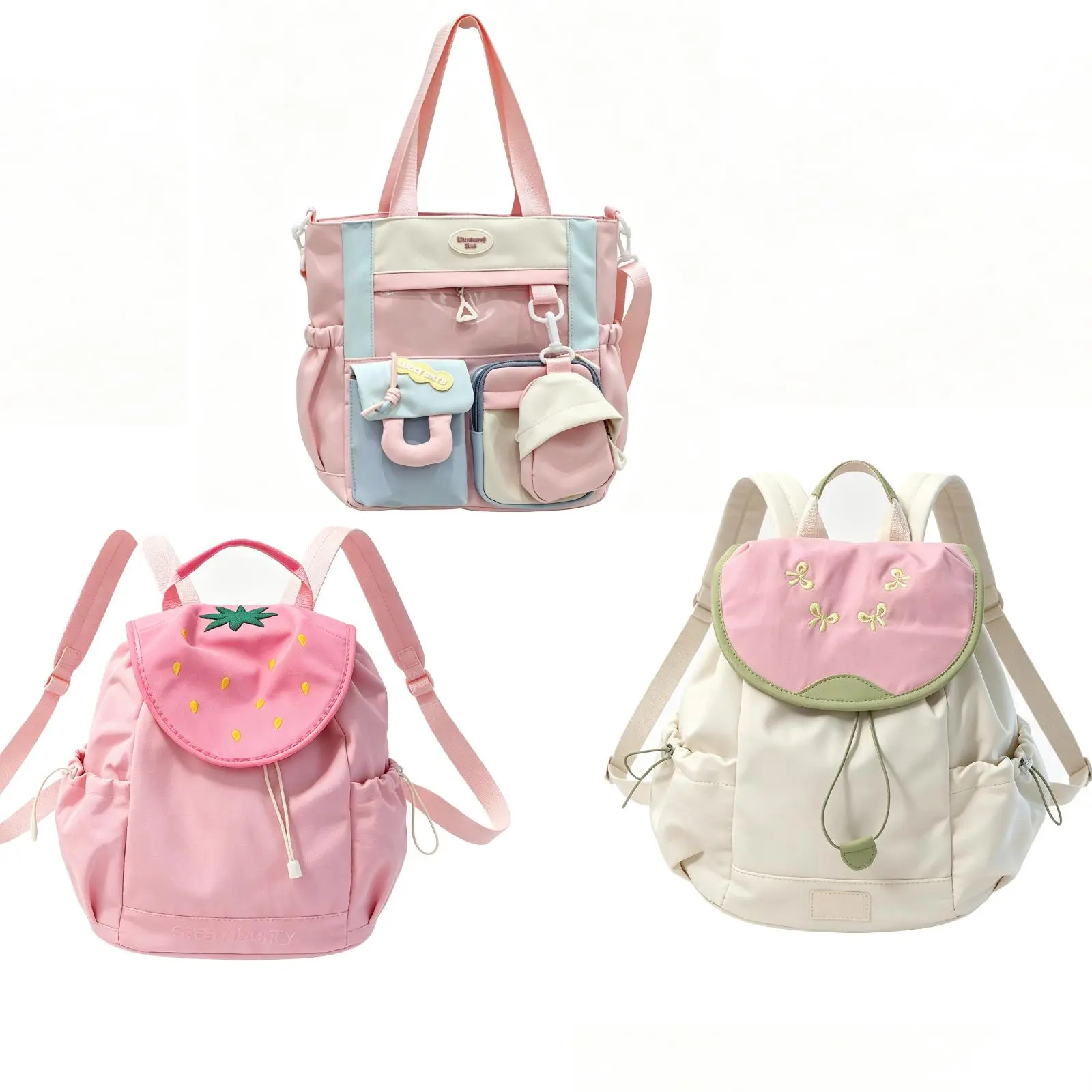 3 Pcs Kawaii Pastel Nylon Bag Collection, Strawberry Bow Drawstring Backpack & Multi-Pocket Patchwork Tote Bag, Cute Preppy School Shoulder Bag for Teen Girls Kindergarten Students Travel Daily Aesthetic Handbag