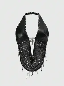 Meghana Glow Grunge Punk Spring/Summer Women's Y2K Sexy Metal Cross Pendant Mesh Sequins Splice Scoop Neck Backless Tank Top