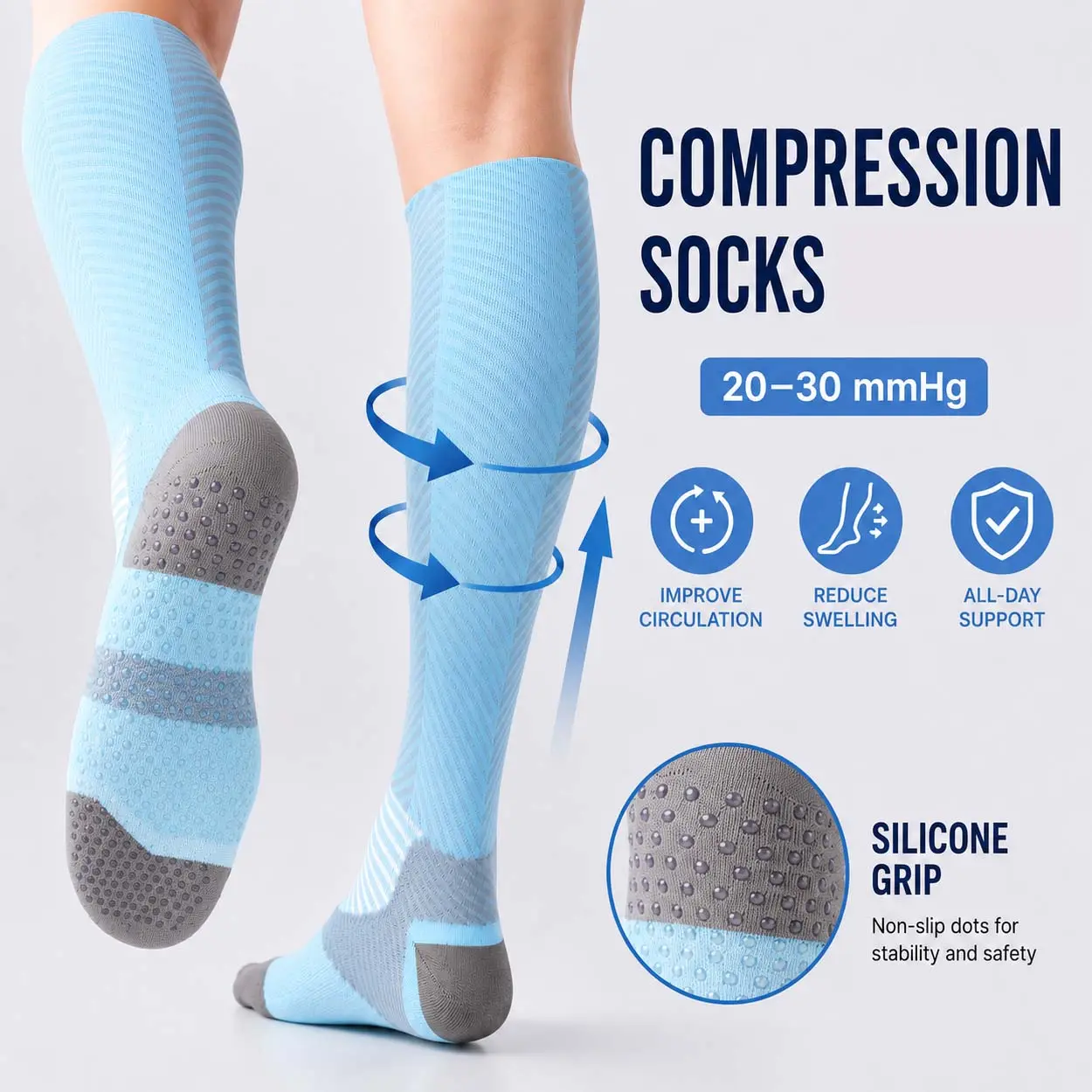 Isunie Compression Socks 20–30 mmHg with Non-Slip Grip Dots, Cotton Blend Knee-High Graduated Support Socks, Cushioned Breathable Compression Socks for Women & Men, Travel, Work, Daily Wear