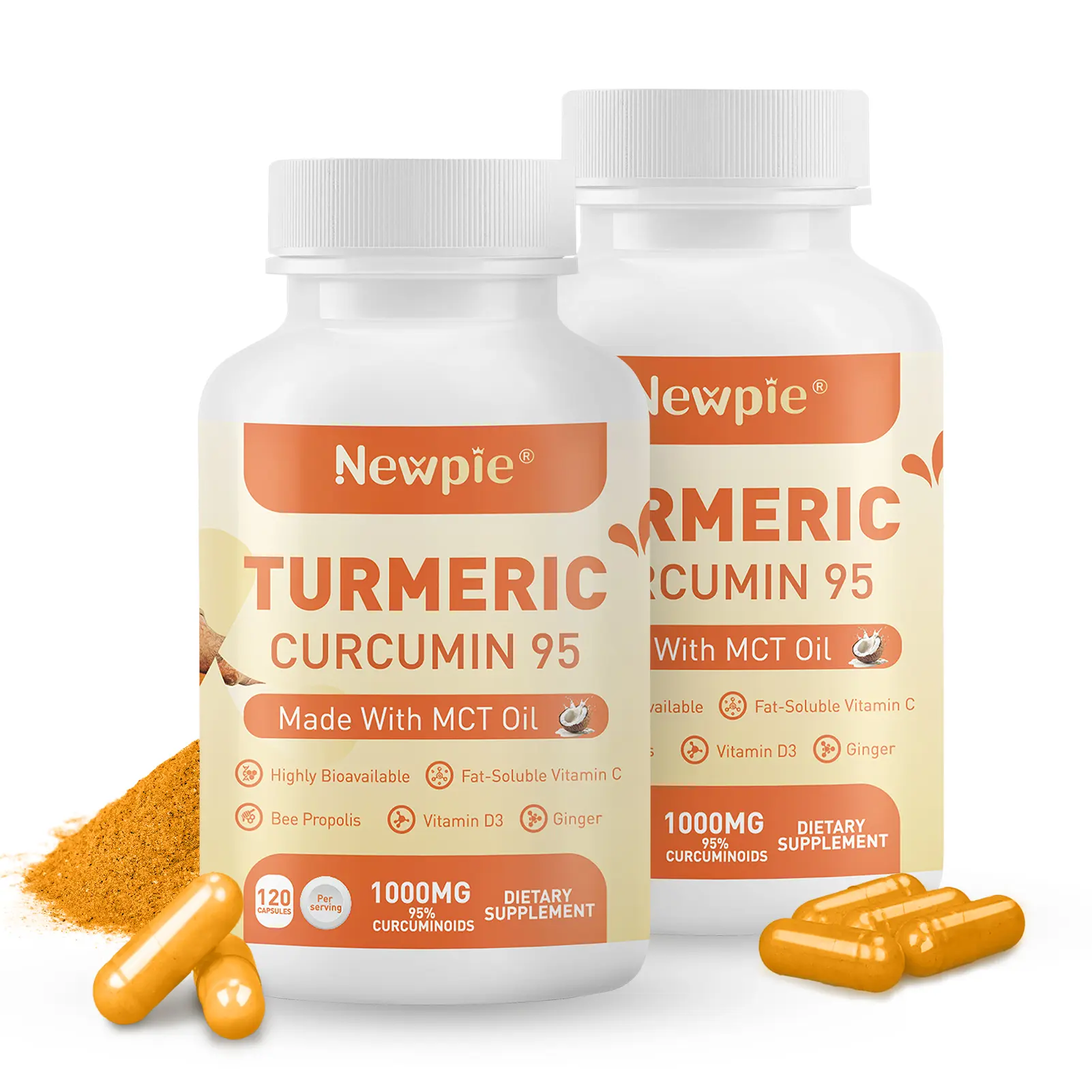 Newpie Turmeric Curcumin 1000mg with Bee Propolis & MCT Oil High Absorption Joint Support Supplement 95% Curcuminoids for Inflammation & Mobility Vegan Non-GMO 120 Veggie Capsules - Healthcare, Edible