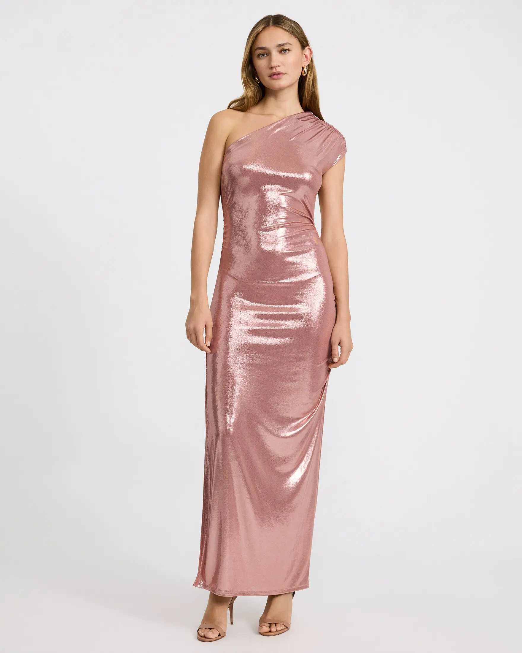 Express Metallic One Shoulder Ruched Maxi Sheath Dress