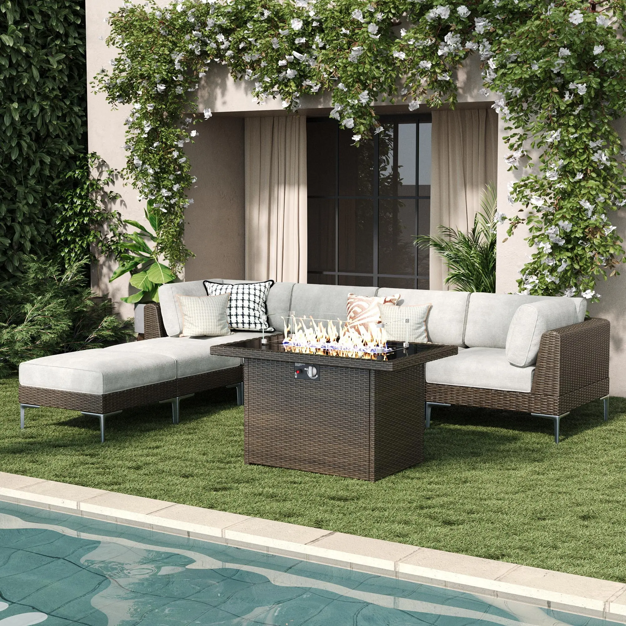 LayinSun 7-Piece Sturdy Outdoor Modular Wicker Sectional Sofa Set - Waterproof, Deep Seating with Thick Cushions, Fire Pit Table Included, for Outdoor Dining & Backyard Relaxation (Multiple Packages)