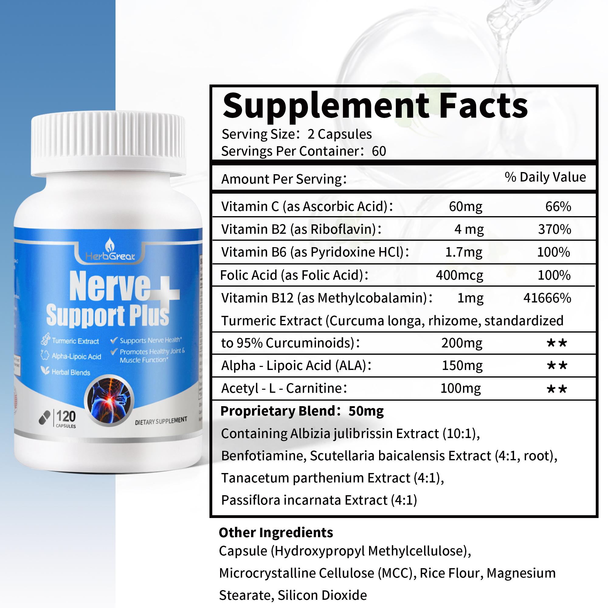 HERBGREAT Nerve Support Plus - 120 Capsules for Sciatic Nerve Health & Joint Comfort - Turmeric, Alpha Lipoic Acid, Acetyl-L-Carnitine, Vitamin C & B-Complex - USA Made - Sciatica Relief Supplement - Bone Immune Drops