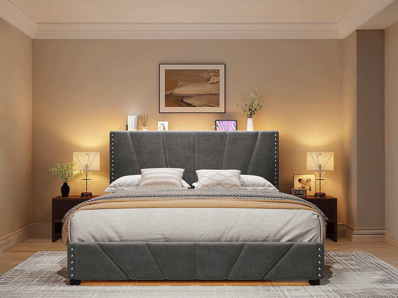 RaybeeFurniture Bed frame for Queen Bed Frame with Headboard&Storage,NO MATTRESS,  Luxury Upholstered Bed Frame with Storage, 2 Drawers & Shelf on Headboard, NO Noise, KING, FULL, Twin, Mother's Day Gifts