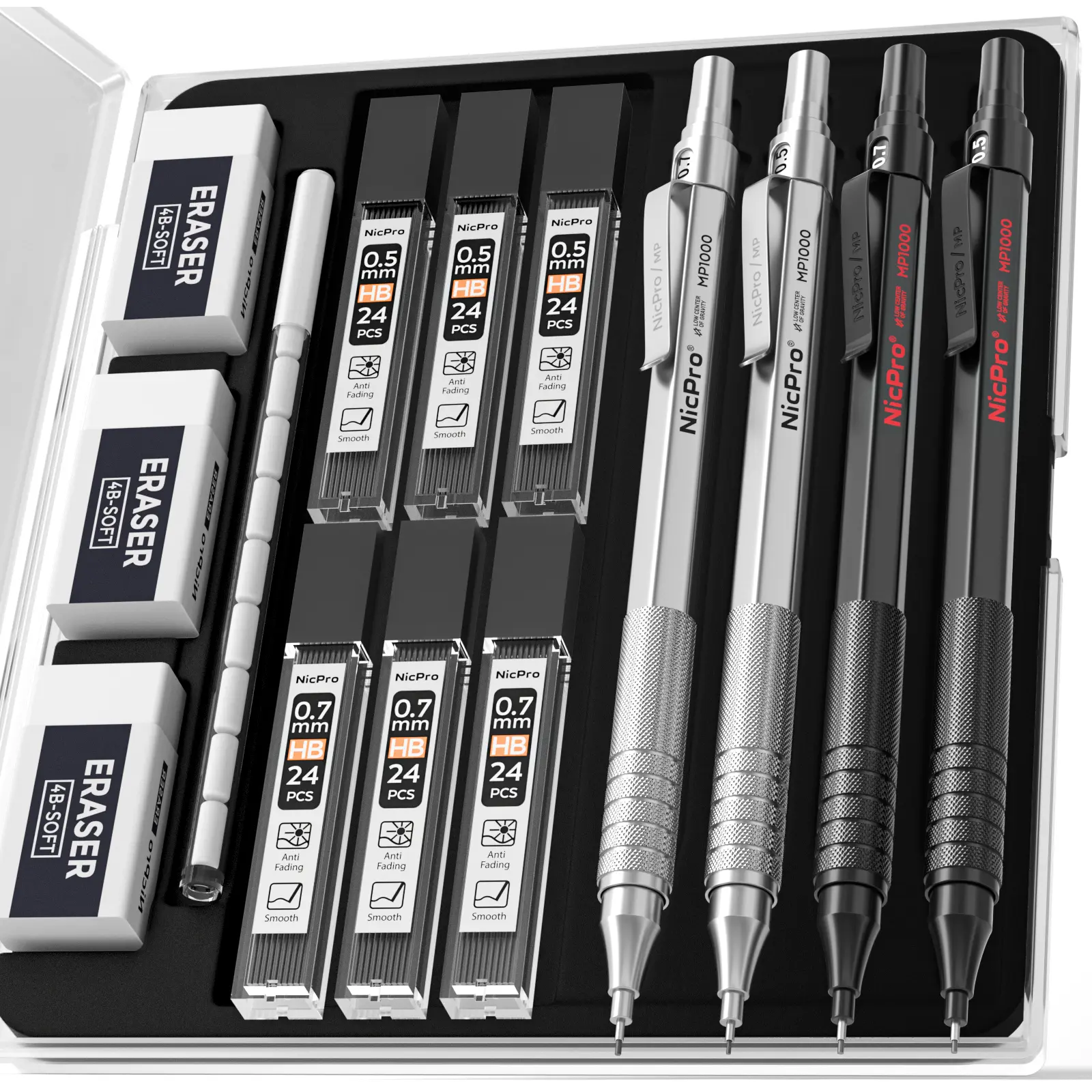 Nicpro Compact Metal Mechanical Drawing Pencil Set - Full-Metal Body Pencils with 8 Tubes of HB & 2B Lead Refills, Erasers, Eraser Refills, Multifunctional Office Stationery for Art Writing, Drafting, Compact Metal Pencils