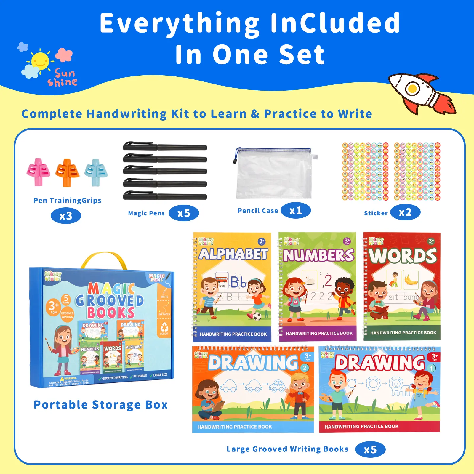 2026 New Reusable Handwriting Practice Copybook Set with 5 Handwriting Practice Books,5 Pen, 3 Pen Grip, School & Educational Supplies，Learning Handwriting Practice Workbooks for Kids,SuitableFor Birthday、christmas、Halloween and Thanksgiving gifts