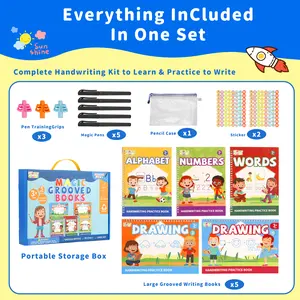 2026 New Reusable Handwriting Practice Copybook Set with 5 Handwriting Practice Books,5 Pen, 3 Pen Grip, School & Educational Supplies，Learning Handwriting Practice Workbooks for Kids,SuitableFor Birthday、christmas、Halloween and Thanksgiving gifts