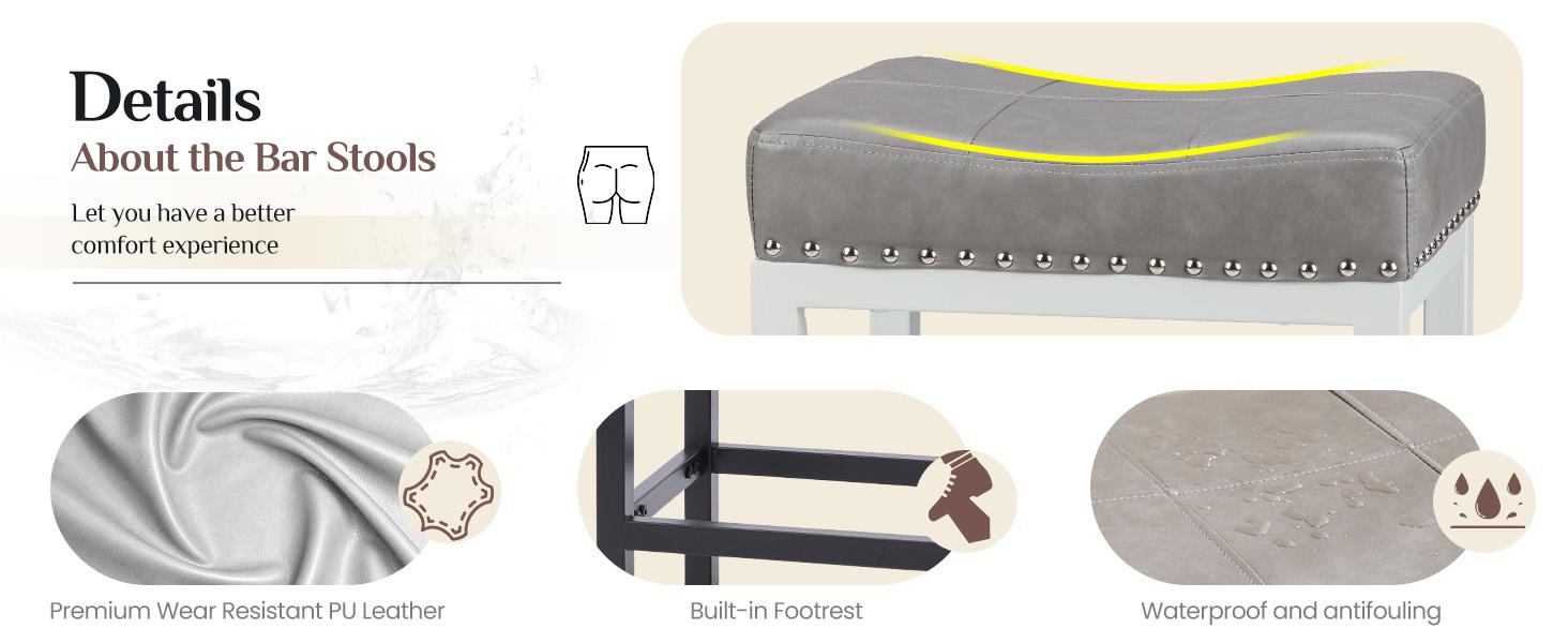 【Deal】SweetFurniture Set of 2 Bar Stools, 24 Inch Counter Height Saddle Stools, Modern Kitchen Barstools with Metal Base and PU Leather Springtok Foot Pedals