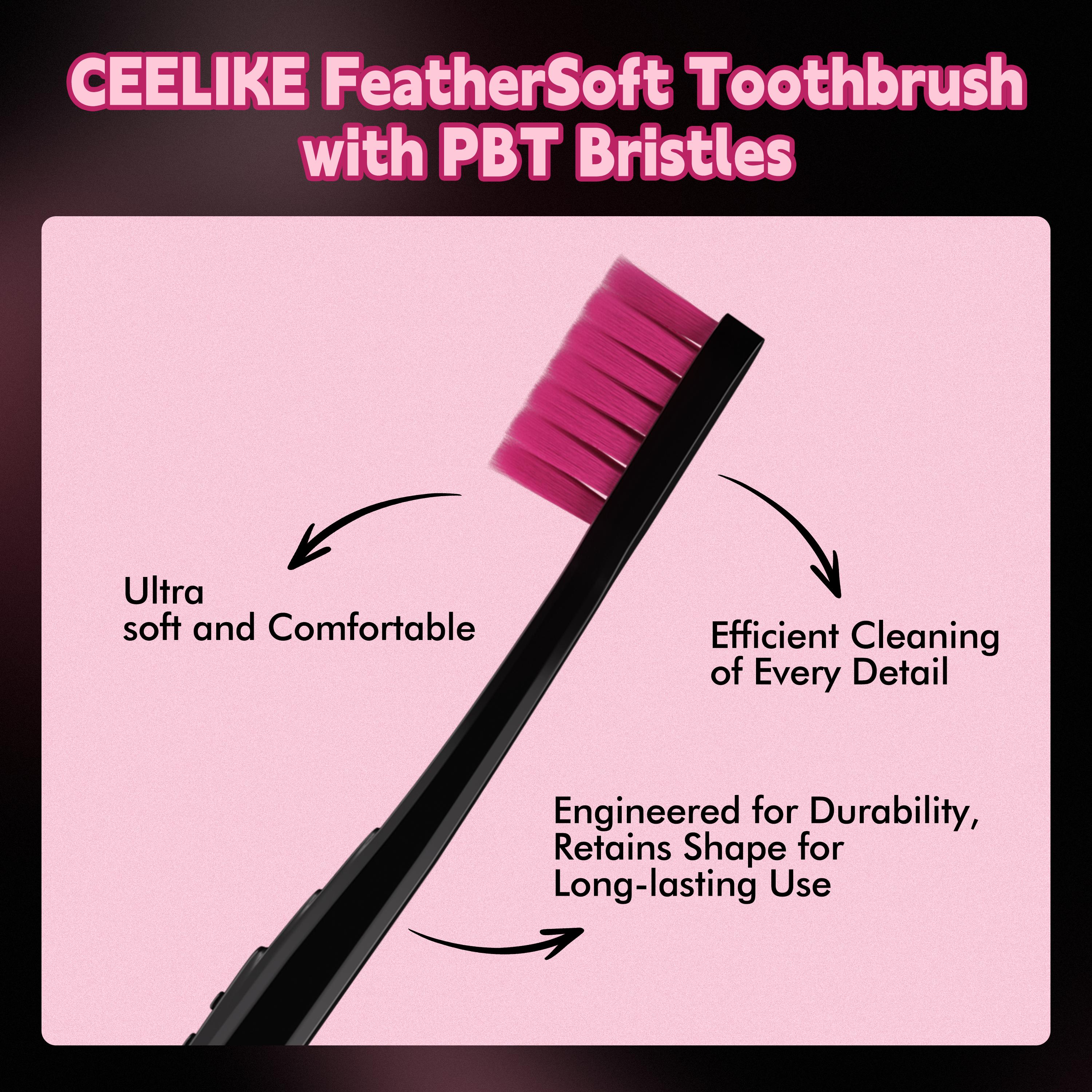 CEELIKE Feather-Soft Toothbrush | Stylish Black - Pink Design, Smooth Bristles, Easily Teeth Cleaning
