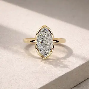 【#60 MKZ】2-carat moissanite marquise cut, semi-bezel setting, gold-plated women's engagement/proposal ring.