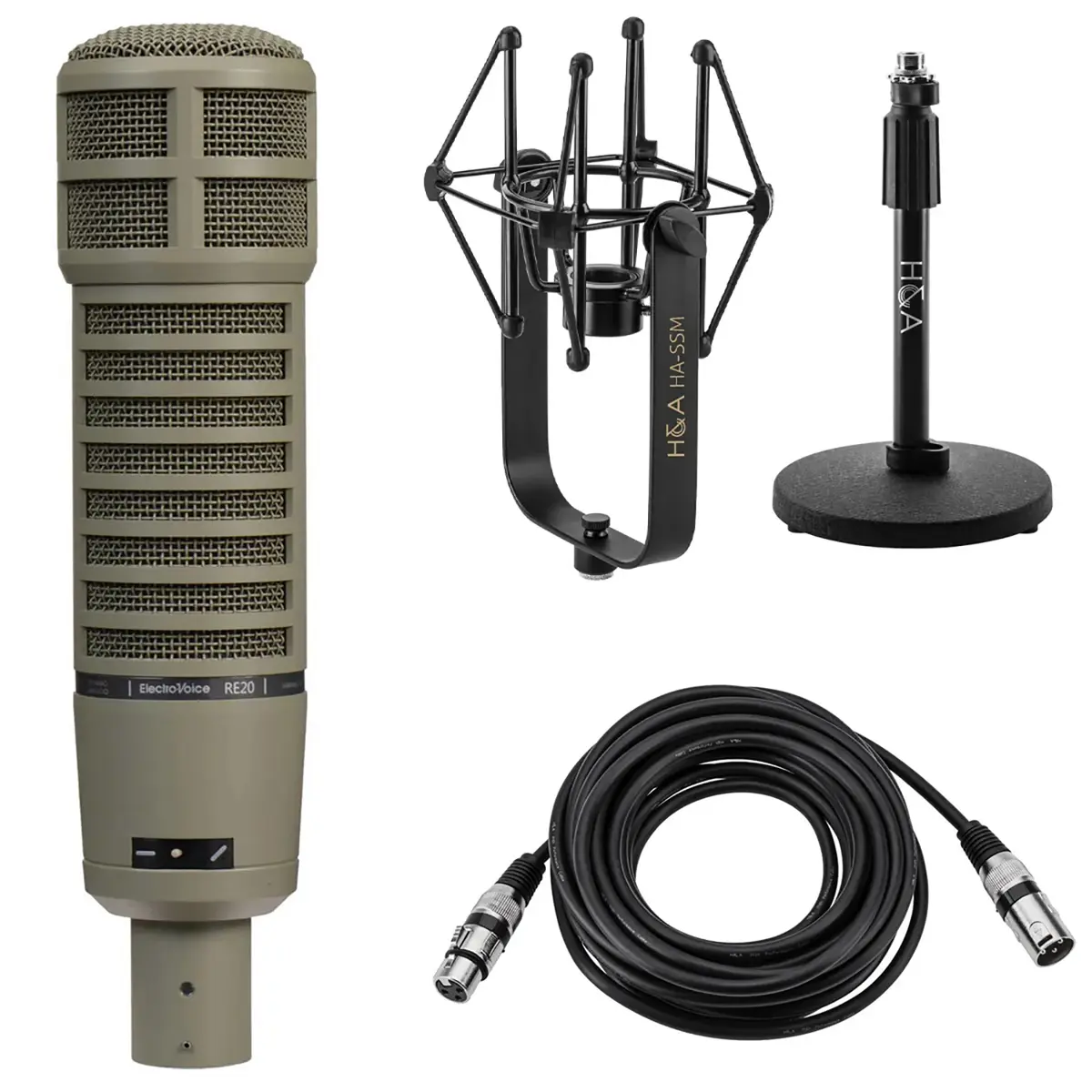 Electro-Voice RE20 Variable-D Dynamic Cardioid Microphone, + Telescoping Tabletop Microphone Stand + H&A Microphone Suspension Shockmount + 25' XLR Cable