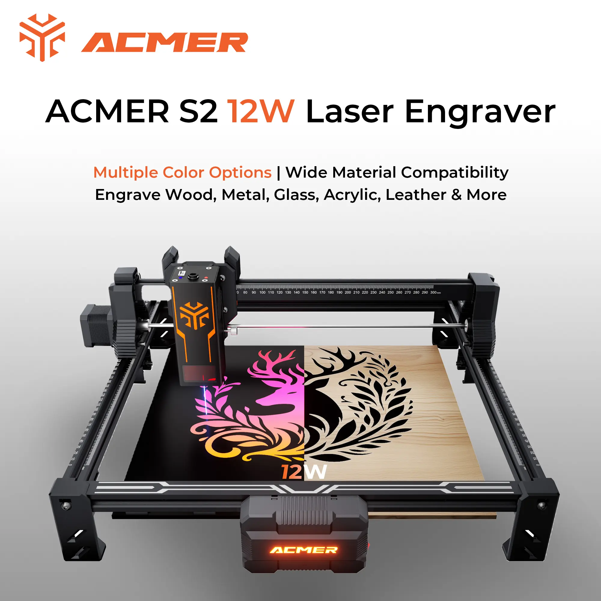 ACMER S2 12W Laser Engraver & Cutter, 300×300mm Large Working Area, High Precision Machine with Free Official ACMER Software for Wood, Acrylic, DIY Crafts, Cutting