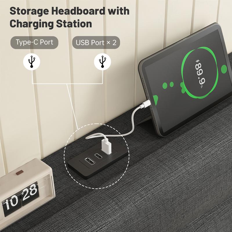 【Sturdy & Fit Snugly】Raybee Modern & Quiet Luxury Upholstered Queen Bed Frame with Adjustable Headboard【Frame ONLY,No Box Spring Needed】Center Support &Noise-Free Wooden Slats,Storage Space & Built-in Charging Station,Heavy Duty&Easy Assembly,best value