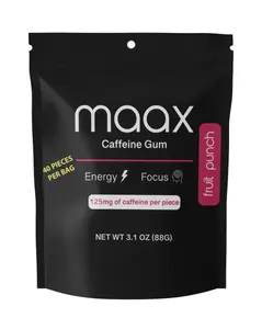 Maax Caffeine Gum | 125mg per piece | 40 pieces per bottle | Fruit Punch | Energy and Focus