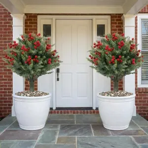 19.6" Artificial Topiary Trees with Spike Set of 2, Topiary Plants with Metal Ground Spike Faux Topiary Tree Outdoor Indoor Front Porch Garden,Red