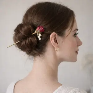 French Hairstick with Dried Flower and Rose Bead - Gold Chignon Hairpin for Women