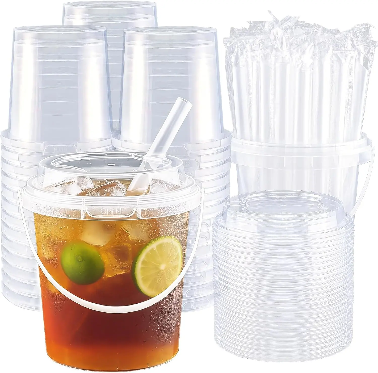 Bulk Pack 20/60 Pcs Plain Double-Walled Leak-Proof Disposable Plastic Drink Buckets - 25oz/16oz with Lids, Straws, Portable Handle, Cold Drink Cups for Iced Coffee, Beach Parties - Home & Festive Supplies