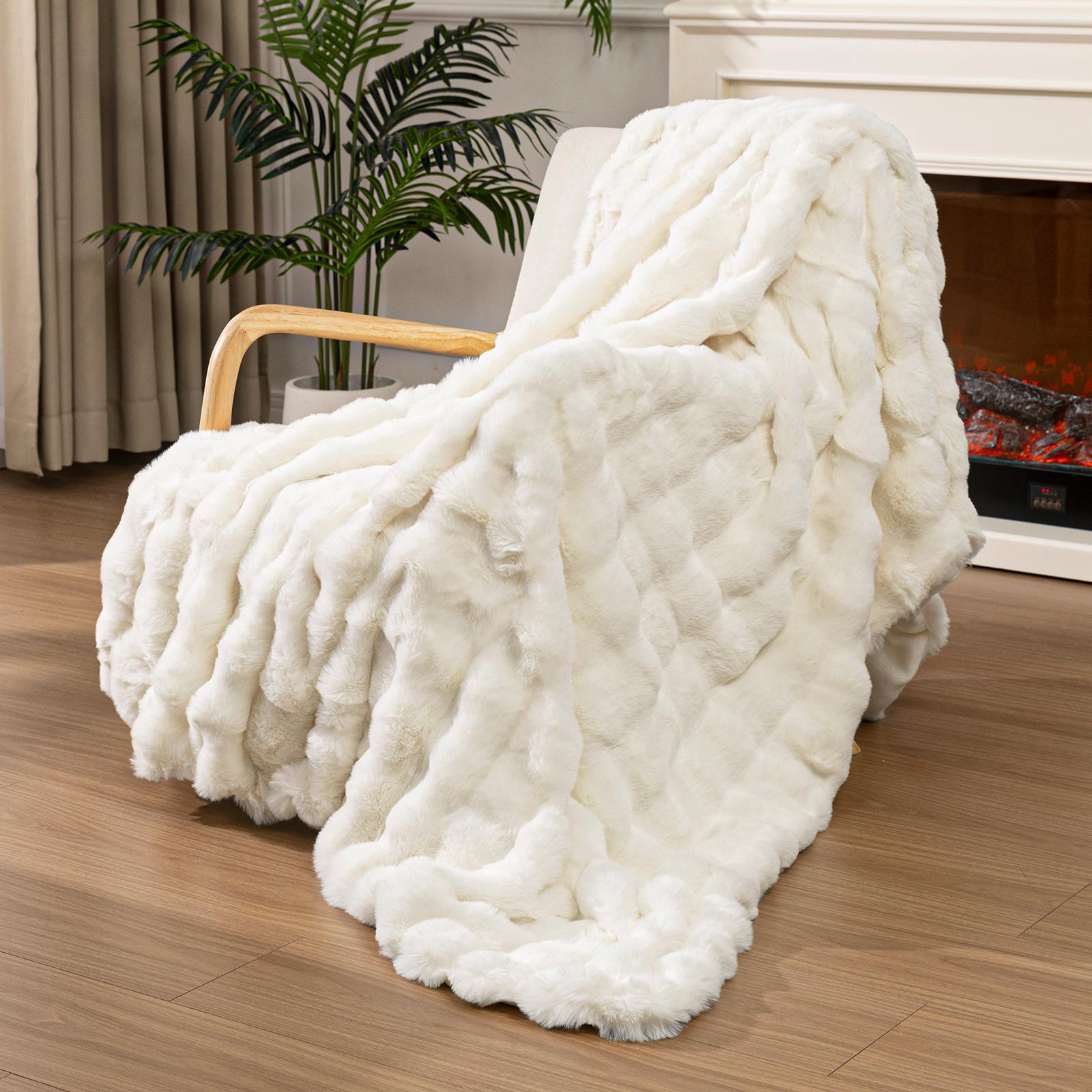 【TikTokShopHolidayHaul】LOKHOM Faux Rabbit Fur Blanket-Pillow not included- Bubble Blanket-Luxury Plush Velvet Throw, Ultra-Soft Fleece, Warm Cozy Winter Blanket for Couch-Elegant, Bed, Sofa, Lightweight, solid color comfy blanket, family gift