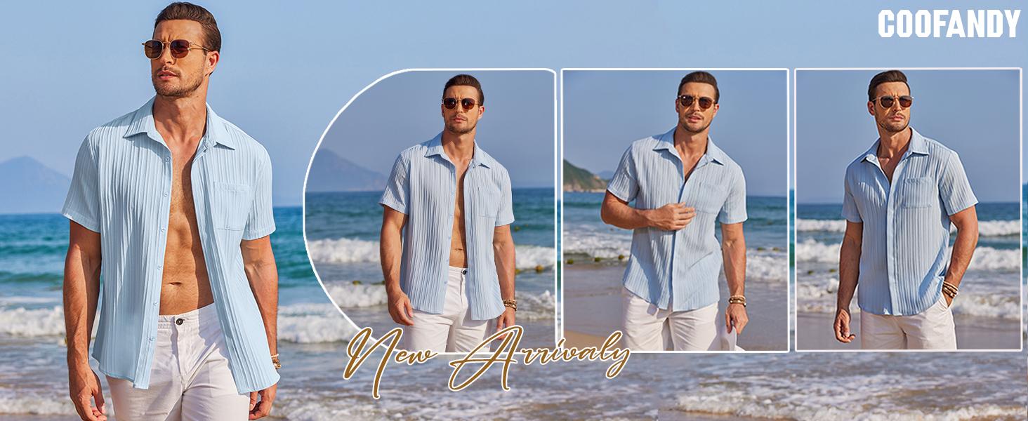 Coofandy Men's Casual Button Down Shirt - Navy Blue Textured Short Sleeve Fitted Collared Neck Summer Beach Top for Men - Canvas