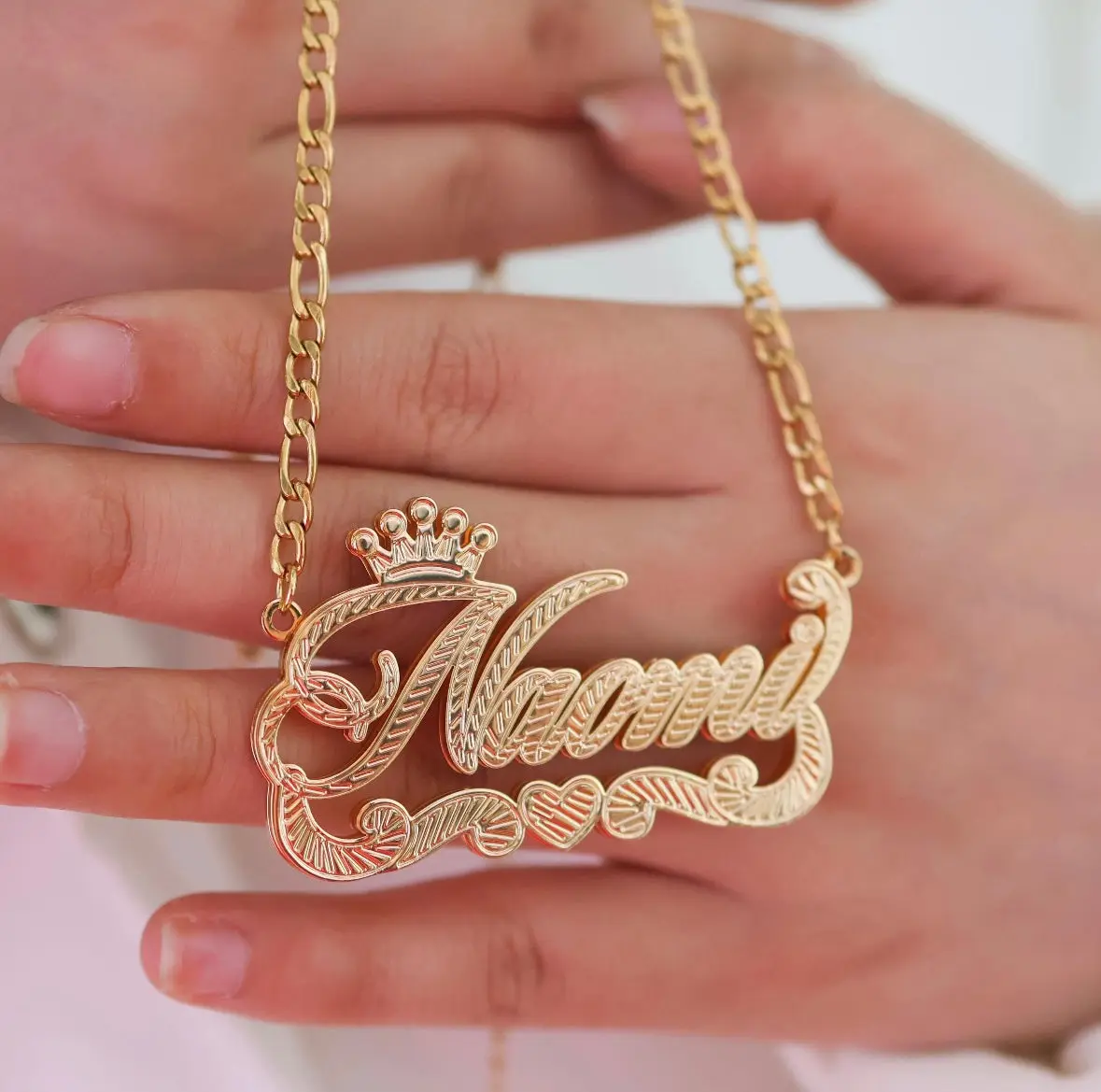 Custom Double Nameplate Crown & Heart Chain