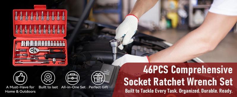 46/53 pcs Car Repair Tool Kit, Household Machinery Tools Set,Standard Socket Wrench, 1/2 * 1/4 "3/8" Drive Depth,Ratchet Screwdriver Compatible with Car Repair & Bicycle Repair, Hardware Toolbox,Auto Household, Christmas Gift for Dad,Black/Green