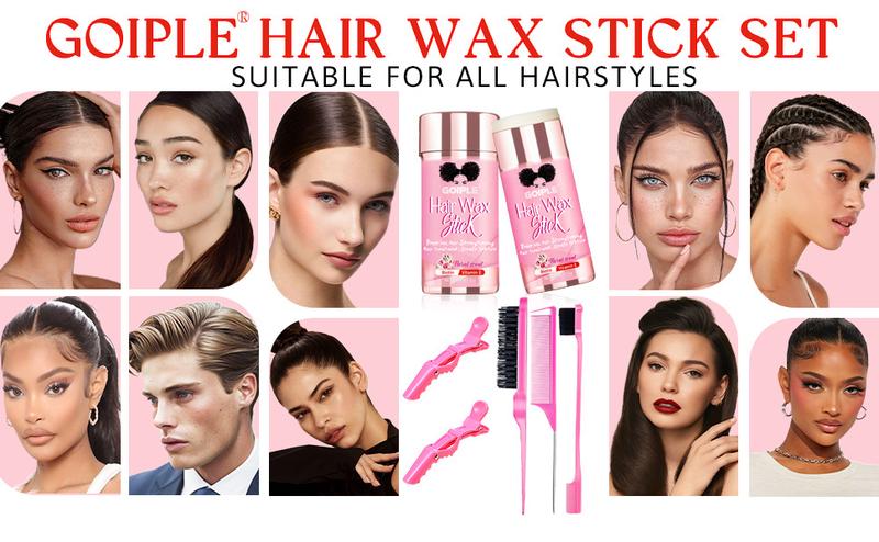 Hair Wax Stick Set for Styling Long-Lasting Slick Stick Smooths Flyaways Edge Frizz Includes Edge Brush Bristle Brush Hair Comb Gel Haircare Daily