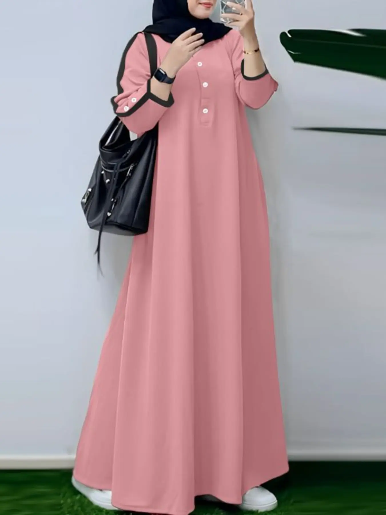 Women's Casual Solid Color Tunic Dress, Round Neck Long Sleeve Contrast Binding Half Button Design, Fitted Plain Style for All Seasons, Maxi Dress, Classy Modest Muslim Clothing, Muslim Women Gowns