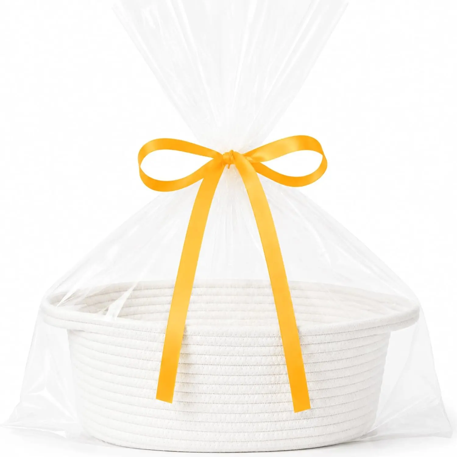 Woven Rope Gift Basket with Handles, Storage Basket 12x8x5 White | Gift & storage basket for baby shower, graduation, housewarming, nursery organization | durable | includes ribbon & gift bag