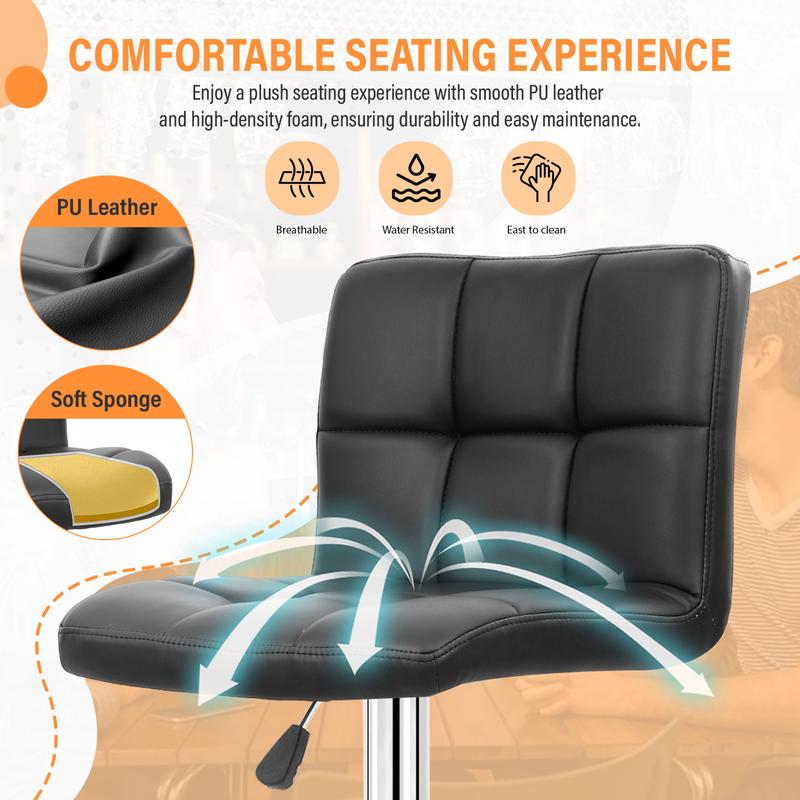 BestOffice Bar Stools Set of 2, Adjustable PU Leather Swivel Barstools, Modern Counter Stools with Back and Footrest, Counter Height Barstools for Bar, Kitchen and Dining Room