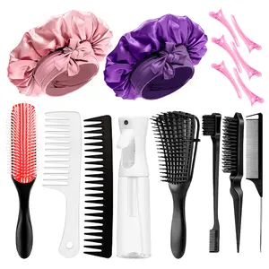 Pink Hair Brush Set Detangler Brush Satin Bonnet Nylon Bristle Brush Edge Tool Kit for Curly Hair Styling Detangling Multifunctional Haircare Sleeping