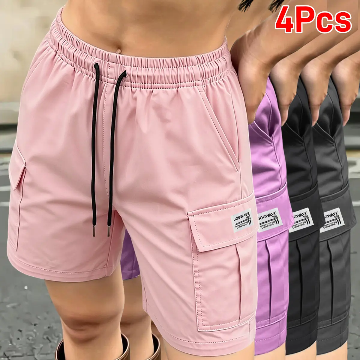 Women’s 4-piece summer solid-color casual cargo pants set featuring a drawstring waist and large pockets—versatile long pants suitable for outdoor travel, light exercise, and stylish everyday streetwear. outfit women shorts cargo short