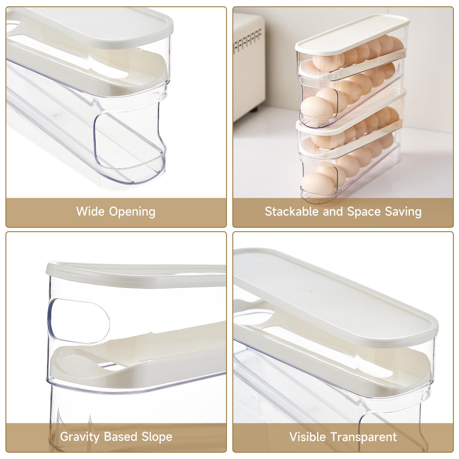 UFORU Automatic Egg Dispenser for Refrigerator, Auto-Rolling Egg Organizer with Lid & Handle, Slim Kitchen Storage Container for Fridge, Space-Saving Egg Holder for Countertop