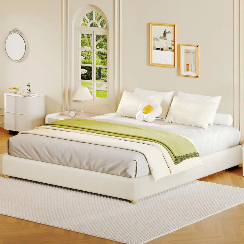 King Size Cloud Bed Frame,Teddy Fleece Low Bed Frame Without Headboard, Thick Boucle Fabric Upholstered Platform Bed, Solid Wood Legs, Beige