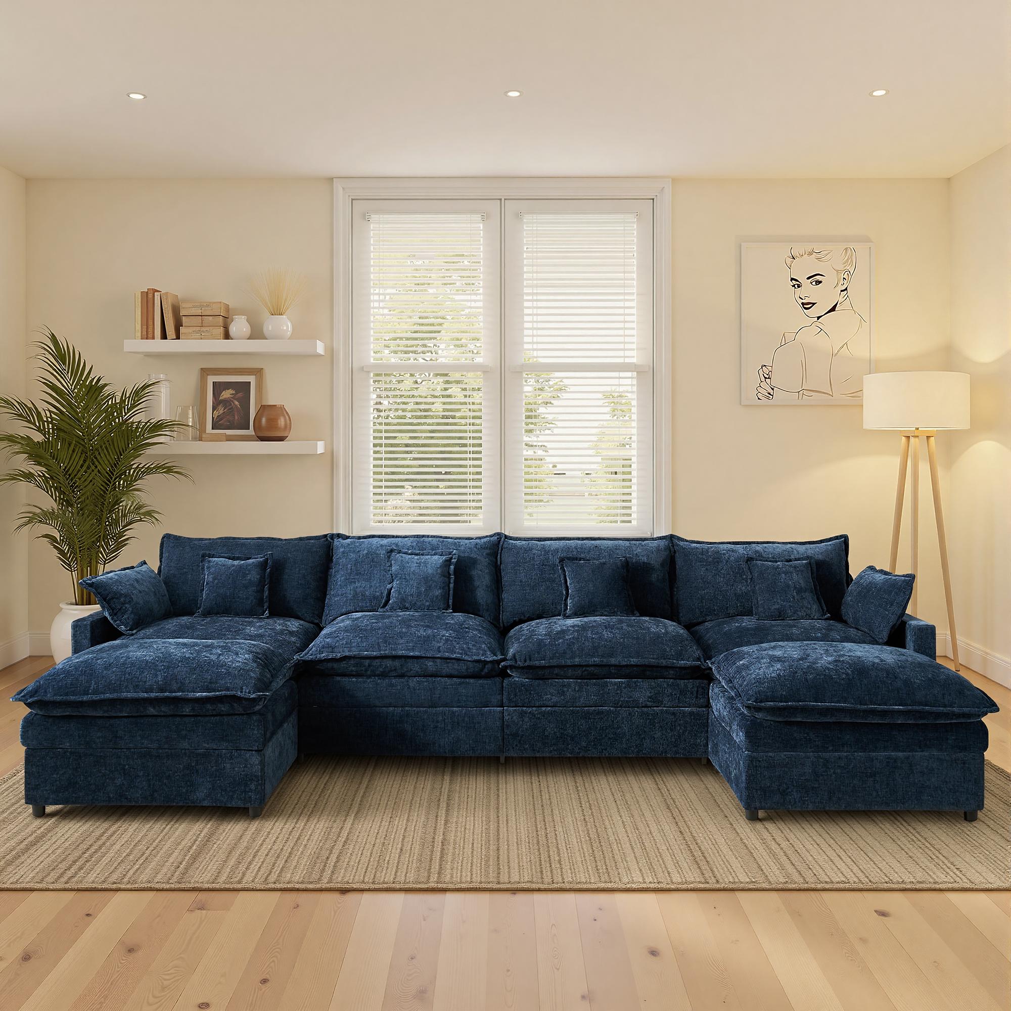 【2/3 Packages Shipping】Ovios 143" U-Shaped Modular Sectional Sofa with 2 Ottomans, Comfy Chenille Cloud Couch, Deep Seat Sofa Bed with 5 Pillows for Living Room, Bedroom & Apartment