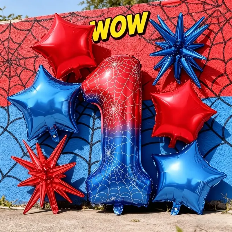 7pcs Superhero Theme Balloon Set, 32-Inch Number Balloons 0-9, Blue Star & Explosion Cone Balloons, Party Decor for Kids Birthday, Birthday Decorations, Balloon Party Supplies
