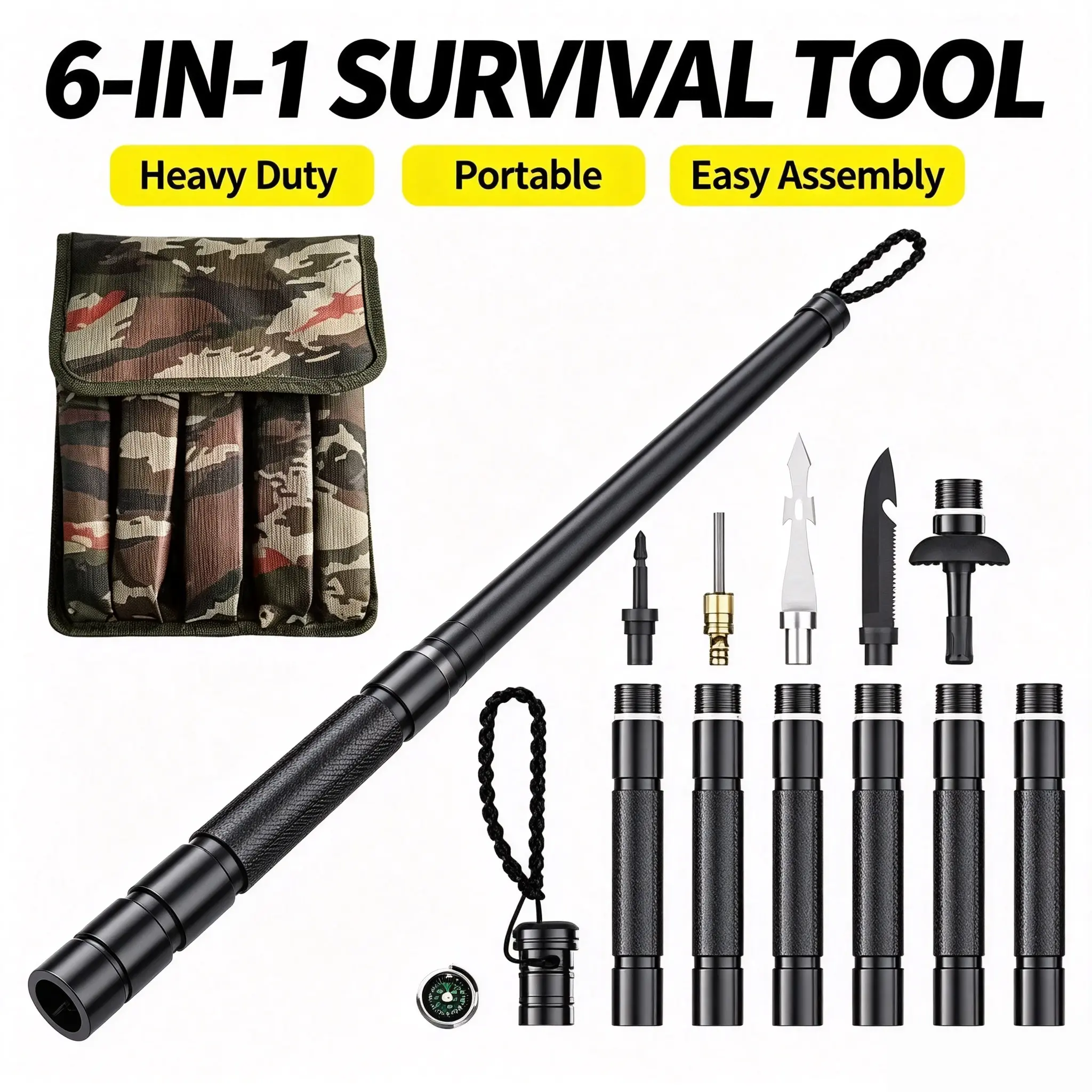 6 Section Collapsible Outdoor Trekking Pole, Portable Multi-Function Camping Hiking Stick with Storage Bag & Mini Compass