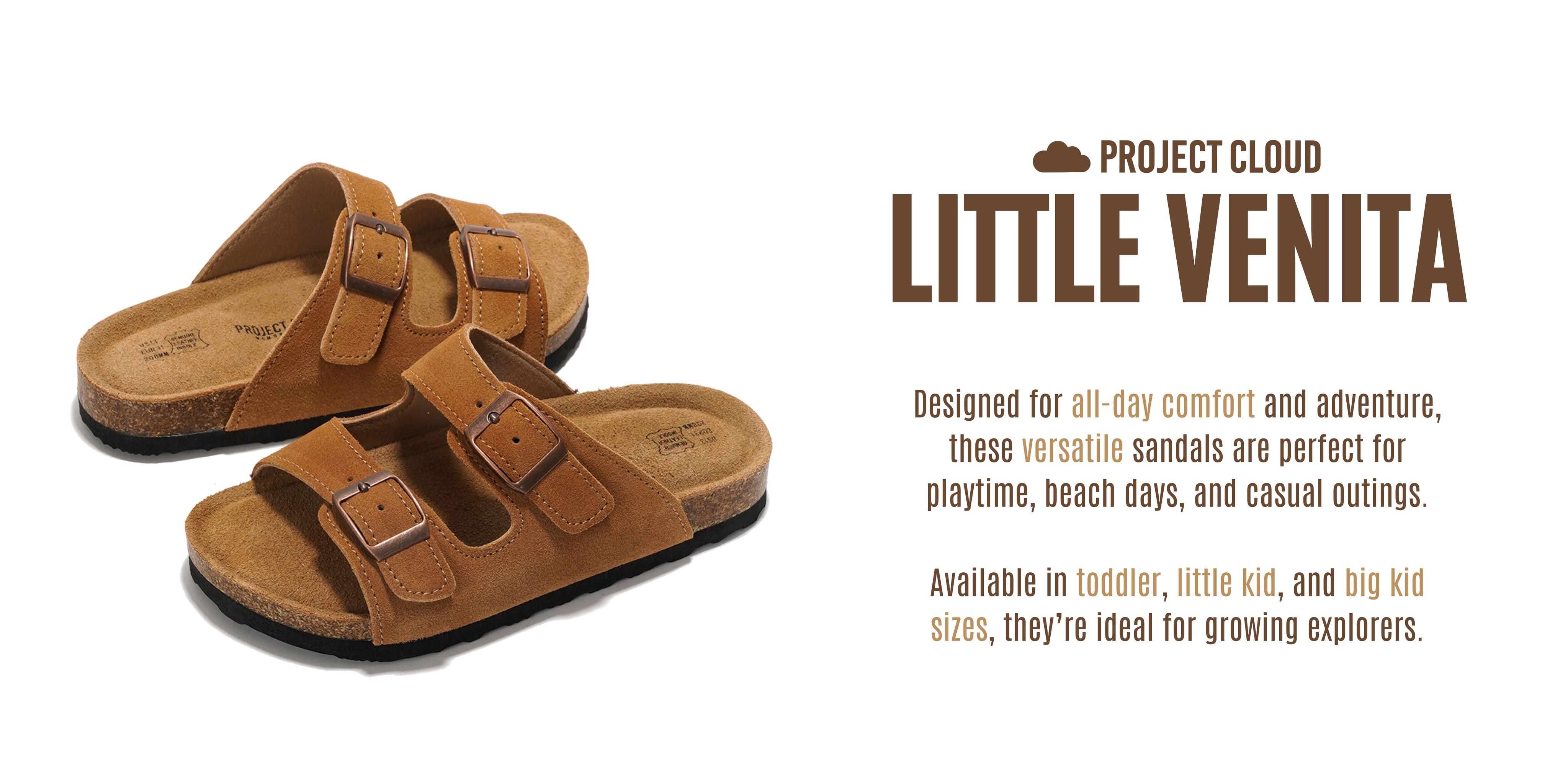 Project Cloud Kids "Little Venita" Slides for Kids Genuine Leather Sandals Water Resistant Memory Foam Insole Lightweight Non-Slip Girl Footwear
