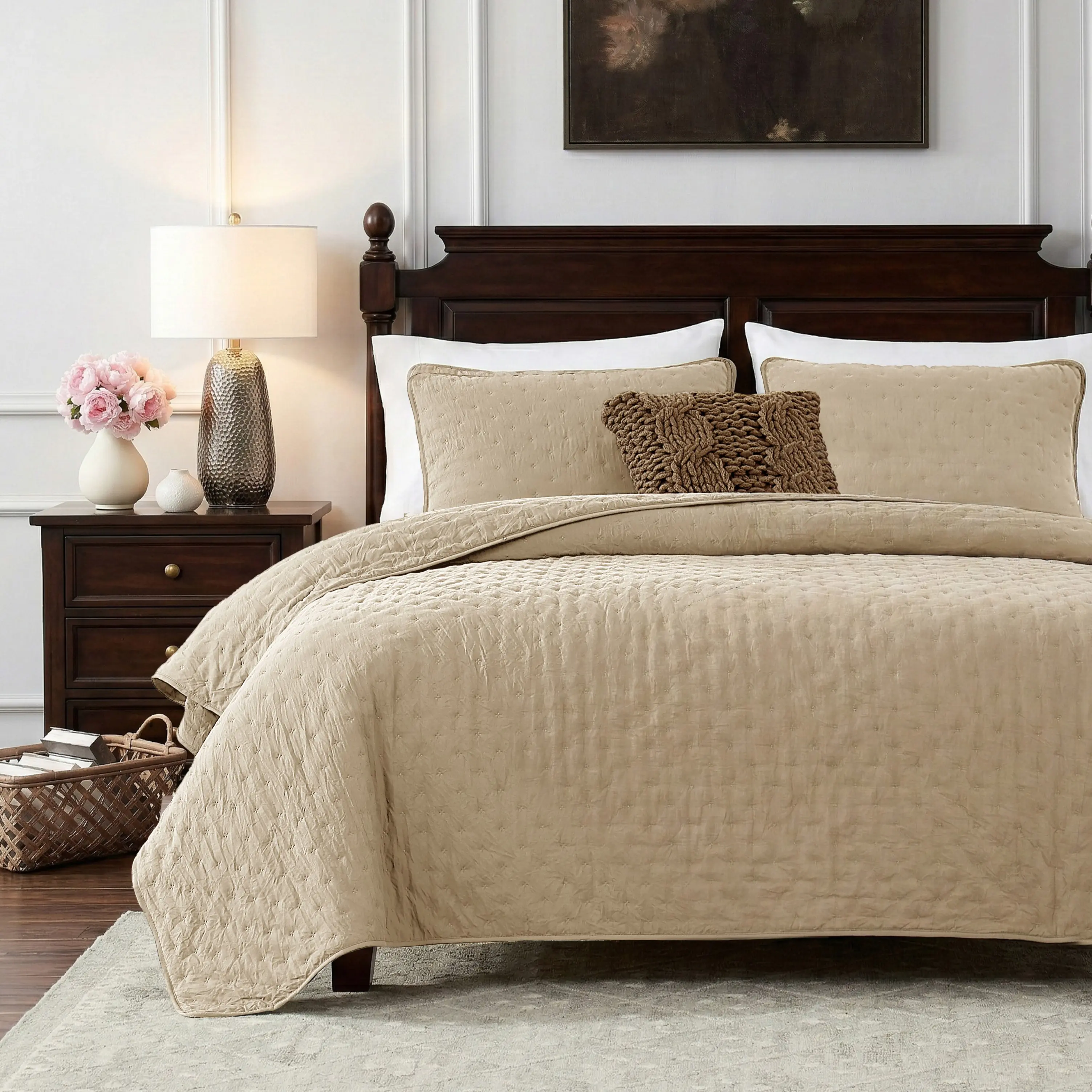 【Back to School】WDCOZY Puff Quilt - Ultrasonic Quilt Set Elegant Beige Bedding with Matching Pillow Shams for Cozy Comfort, Soft & Luxurious outdoorfun,All-Season spring,summer, luxury ,Quilted Bedspread Summer,back to school shopping,home decor